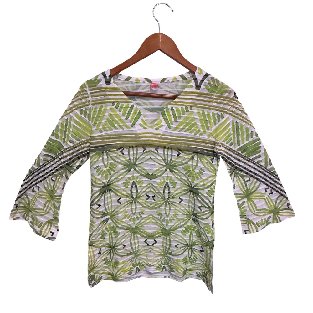 Sundance Burnout 3/4 Bell Sleeve Top Green Pleated Textured Resortwear Size XS - Picture 9 of 9